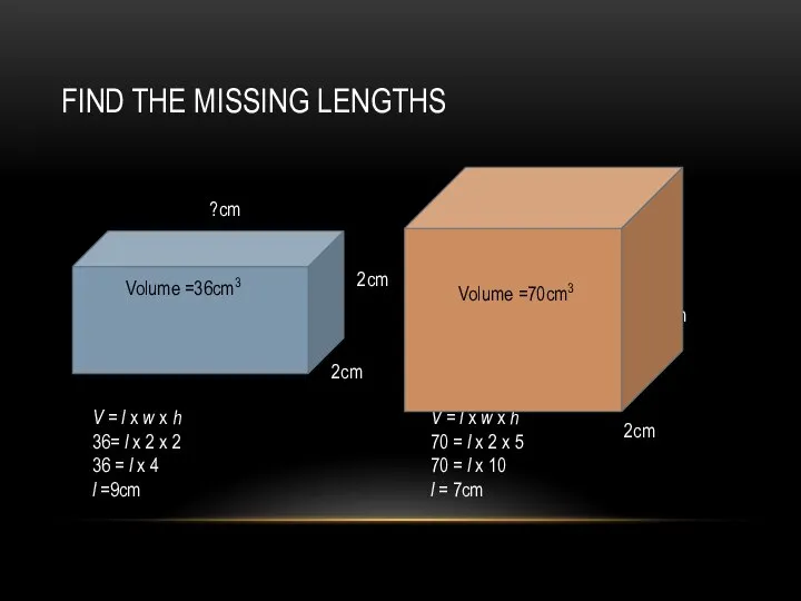 FIND THE MISSING LENGTHS 2cm 2cm ?cm Volume =36cm3 5cm 2cm