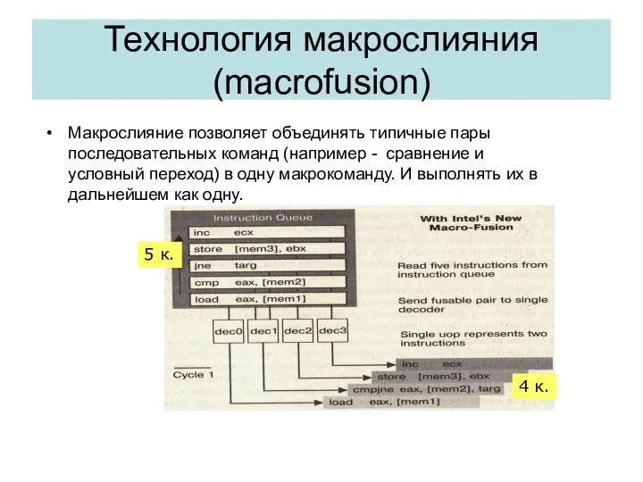 Технология макрослияния (macrofusion) Макрослияние позволяет объединять типичные пары последовательных команд (например