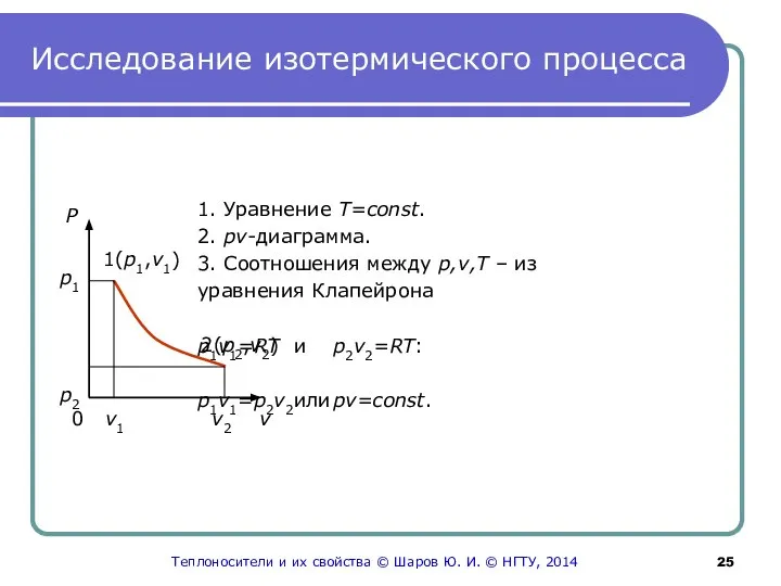 Исследование изотермического процесса 1. Уравнение T=сonst. 2. pv-диаграмма. 3. Соотношения между