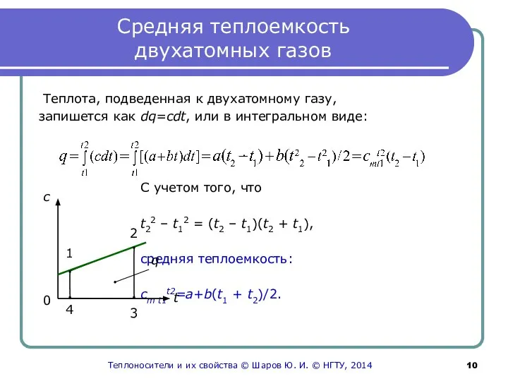 Средняя теплоемкость двухатомных газов Теплота, подведенная к двухатомному газу, запишется как