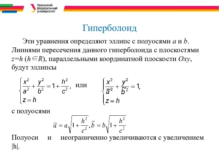 Гиперболоид Эти уравнения определяют эллипс с полуосями а и b. Линиями