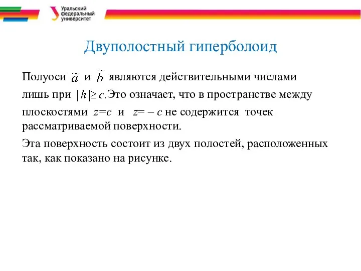 Двуполостный гиперболоид Полуоси и являются действительными числами лишь при Это означает,