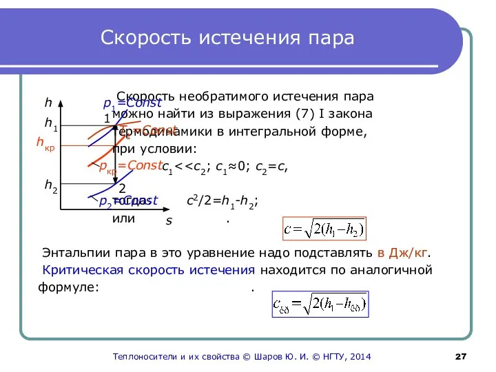 Скорость истечения пара Скорость необратимого истечения пара можно найти из выражения