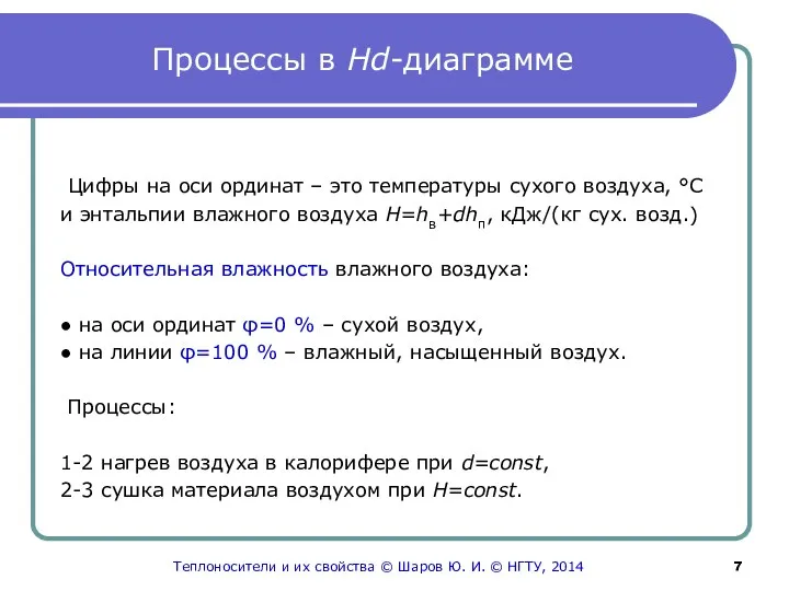 Процессы в Hd-диаграмме Цифры на оси ординат – это температуры сухого