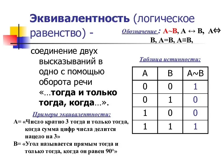 Эквивалентность (логическое равенство) - соединение двух высказываний в одно с помощью