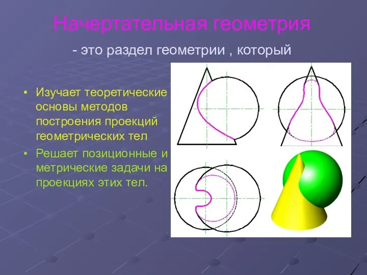 Начертательная геометрия - это раздел геометрии , который Изучает теоретические основы