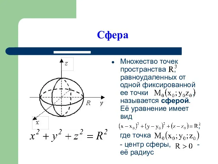 Сфера Множество точек пространства , равноудаленных от одной фиксированной ее точки