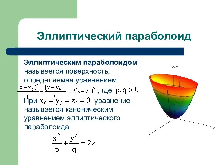 Эллиптический параболоид Эллиптическим параболоидом называется поверхность, определяемая уравнением , где При
