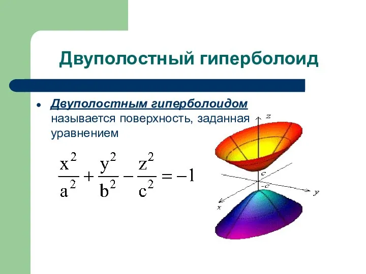 Двуполостный гиперболоид Двуполостным гиперболоидом называется поверхность, заданная уравнением