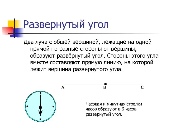 Развернутый угол Два луча с общей вершиной, лежащие на одной прямой