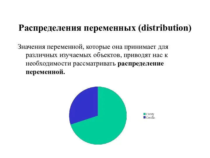 Распределения переменных (distribution) Значения переменной, которые она принимает для различных изучаемых