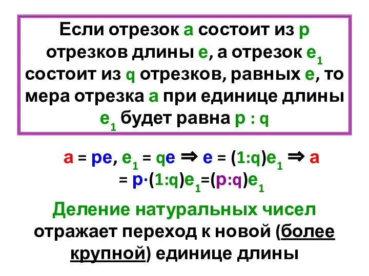 Деление натуральных чисел отражает переход к новой (более крупной) единице длины