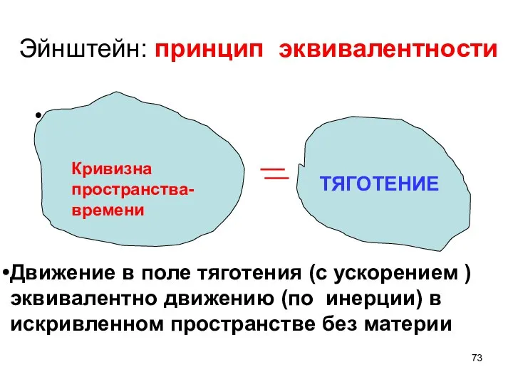 Эйнштейн: принцип эквивалентности ТЯГОТЕНИЕ Движение в поле тяготения (с ускорением )