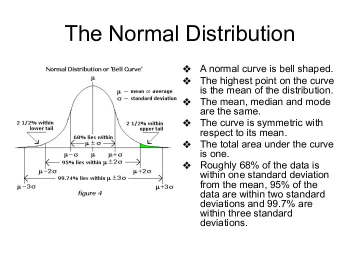 The Normal Distribution A normal curve is bell shaped. The highest