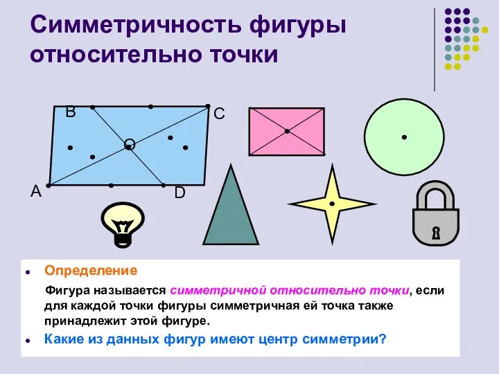 Симметричность фигуры относительно точки Определение Фигура называется симметричной относительно точки, если