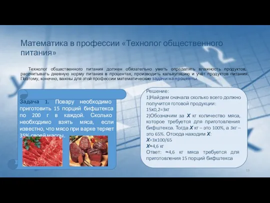 Математика в профессии «Технолог общественного питания» Технолог общественного питания должен обязательно