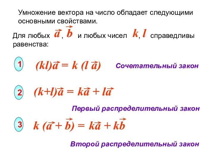 Умножение вектора на число обладает следующими основными свойствами. Сочетательный закон Первый