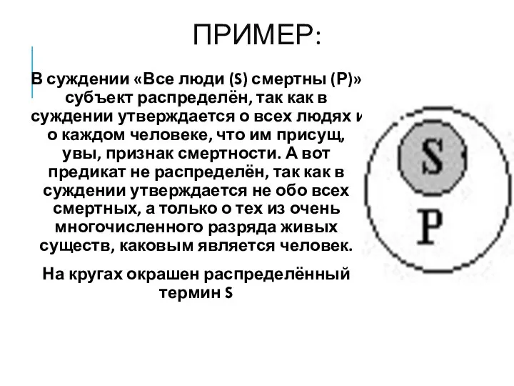 ПРИМЕР: В суждении «Все люди (S) смертны (Р)» субъект распределён, так