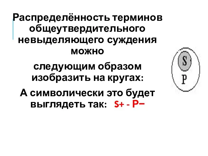 Распределённость терминов общеутвердительного невыделяющего суждения можно следующим образом изобразить на кругах: