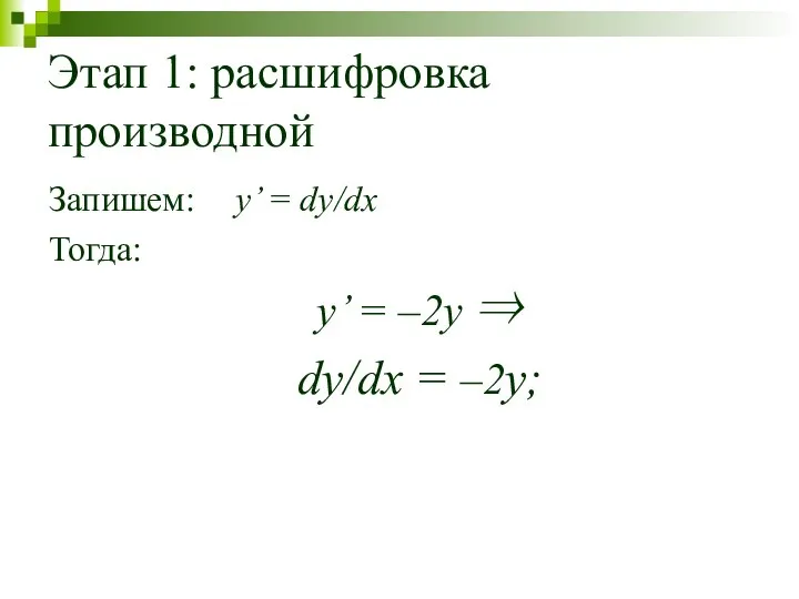 Этап 1: расшифровка производной Запишем: y’ = dy/dx Тогда: y’ = –2y ⇒ dy/dx = –2y;