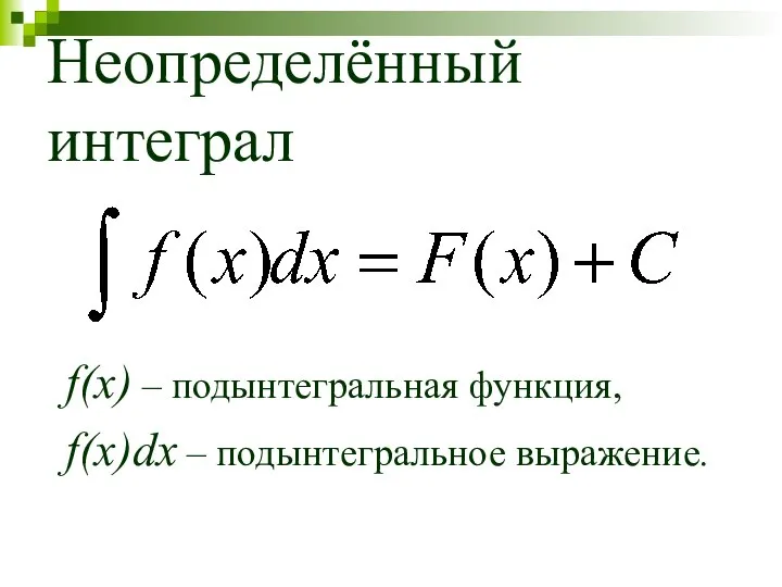 Неопределённый интеграл f(x) – подынтегральная функция, f(x)dx – подынтегральное выражение.