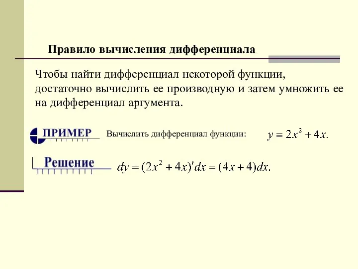 Правило вычисления дифференциала Чтобы найти дифференциал некоторой функции, достаточно вычислить ее