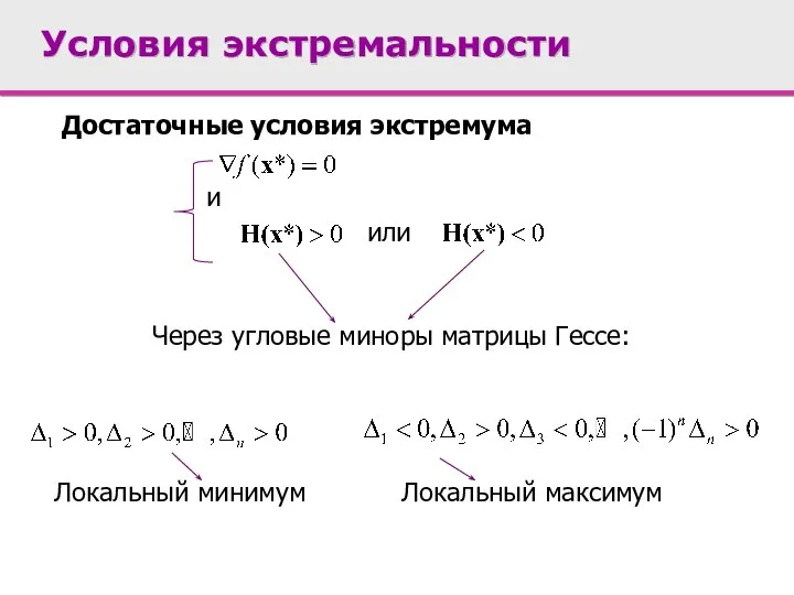 Условия экстремальности Достаточные условия экстремума или Локальный минимум Локальный максимум Через угловые миноры матрицы Гессе: и