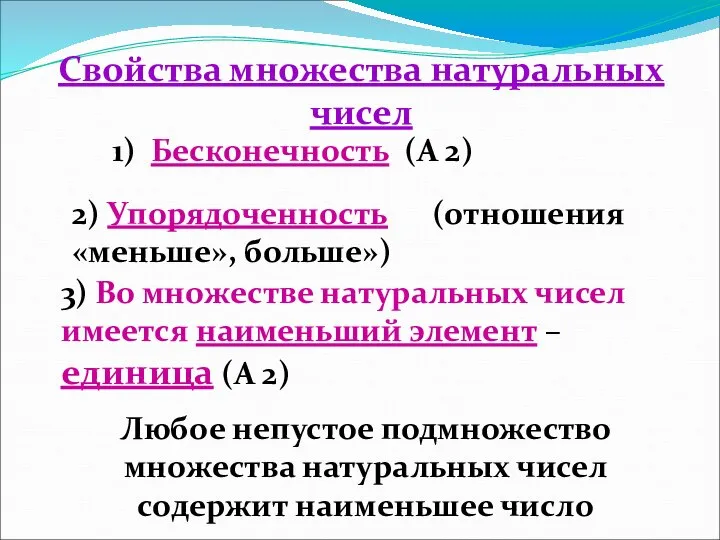 Свойства множества натуральных чисел 1) Бесконечность (А 2) 2) Упорядоченность (отношения