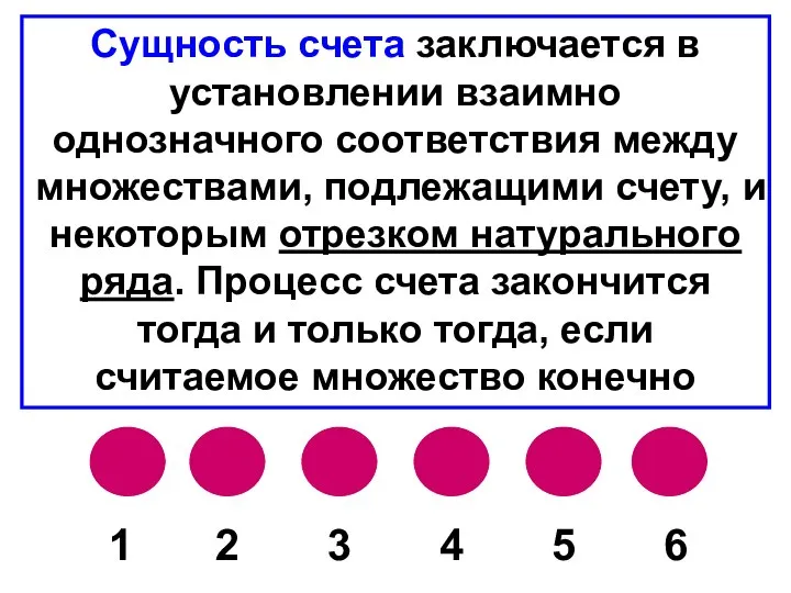 Сущность счета заключается в установлении взаимно однозначного соответствия между множествами, подлежащими