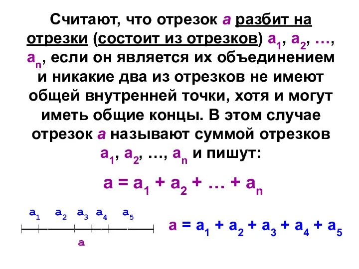 Считают, что отрезок а разбит на отрезки (состоит из отрезков) а1,