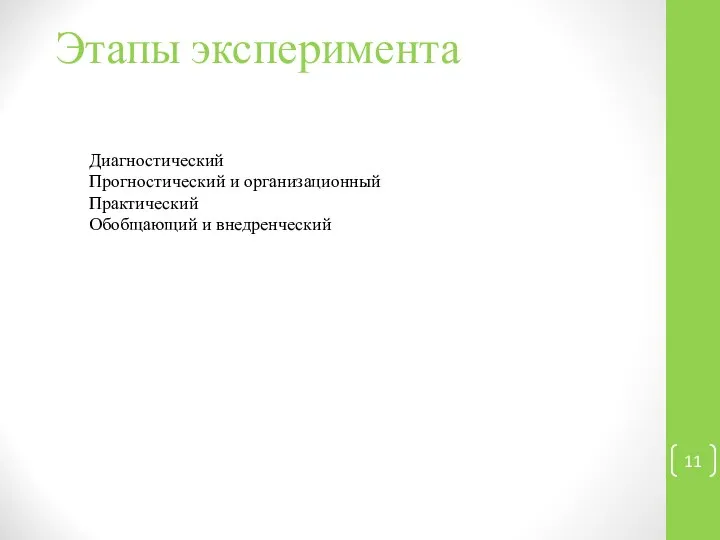 Этапы эксперимента Диагностический Прогностический и организационный Практический Обобщающий и внедренческий