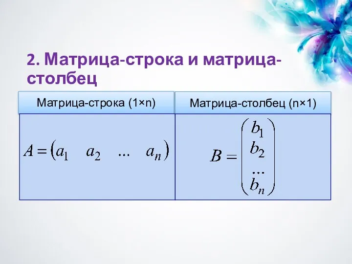 2. Матрица-строка и матрица-столбец Матрица-строка (1×n) Матрица-столбец (n×1)