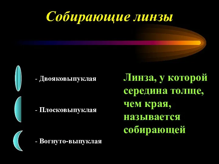 Линза, у которой середина толще, чем края, называется собирающей Собирающие линзы