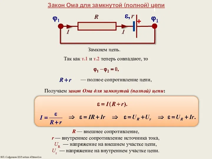 Закон Ома для замкнутой (полной) цепи Замкнем цепь. — полное сопротивление