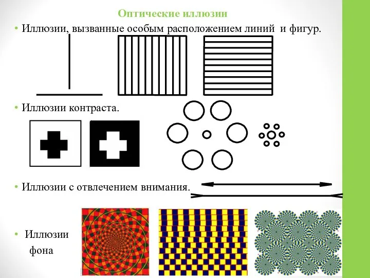 Иллюзии, вызванные особым расположением линий и фигур. Иллюзии контраста. Иллюзии с