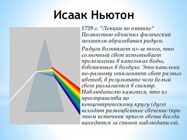 Исаак Ньютон 1729 г. "Лекции по оптике" Полностью объяснил физический механизм