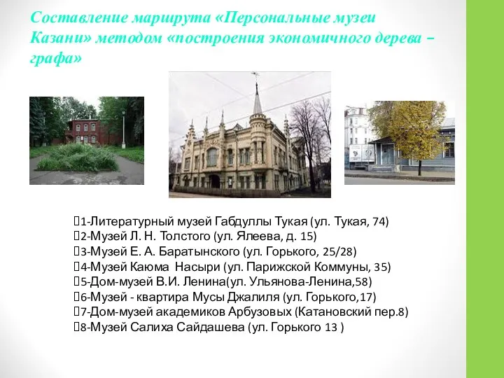 Составление маршрута «Персональные музеи Казани» методом «построения экономичного дерева – графа»