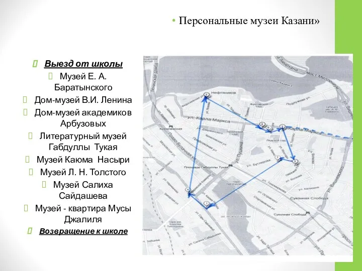 Экскурсионный маршрут Персональные музеи Казани» Выезд от школы Музей Е. А.