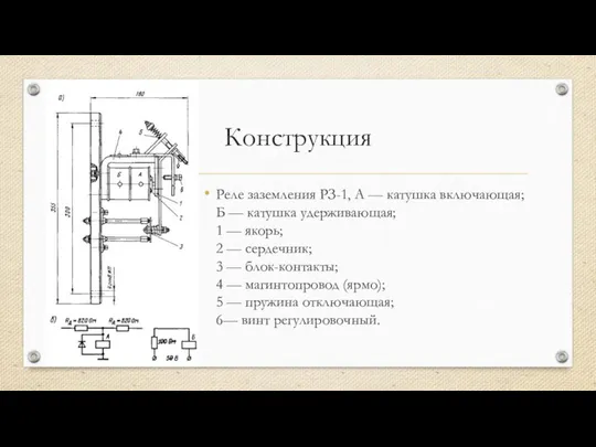 Конструкция Реле заземления РЗ-1, А — катушка включающая; Б — катушка