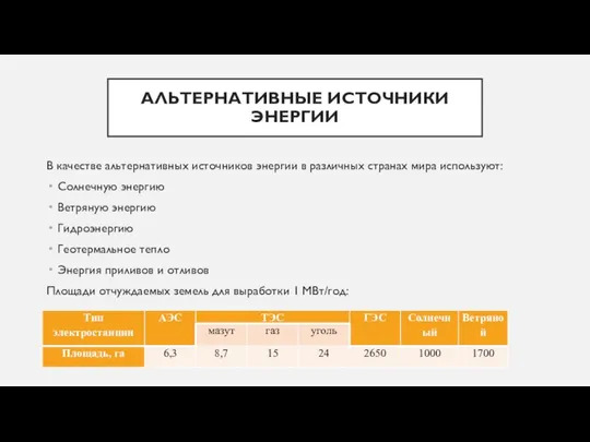 АЛЬТЕРНАТИВНЫЕ ИСТОЧНИКИ ЭНЕРГИИ В качестве альтернативных источников энергии в различных странах