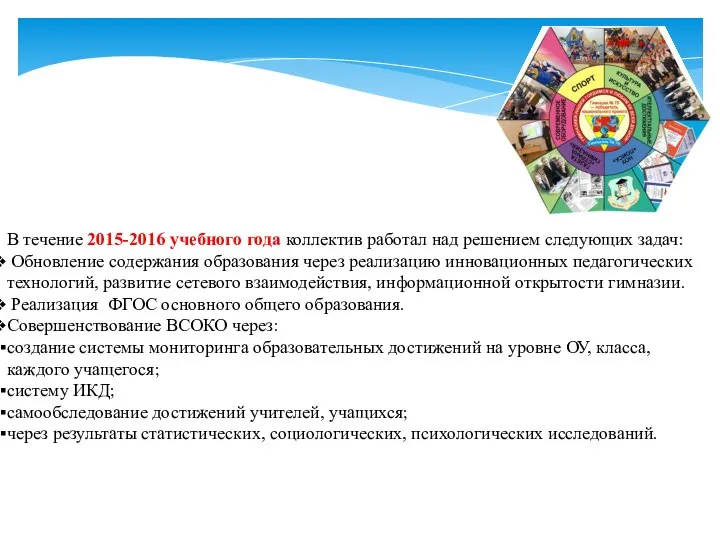 В течение 2015-2016 учебного года коллектив работал над решением следующих задач: