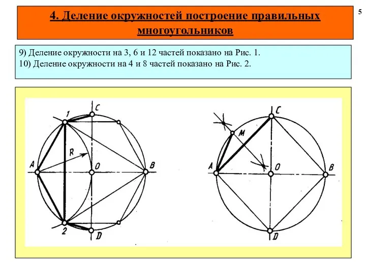 4. Деление окружностей построение правильных многоугольников 5 9) Деление окружности на