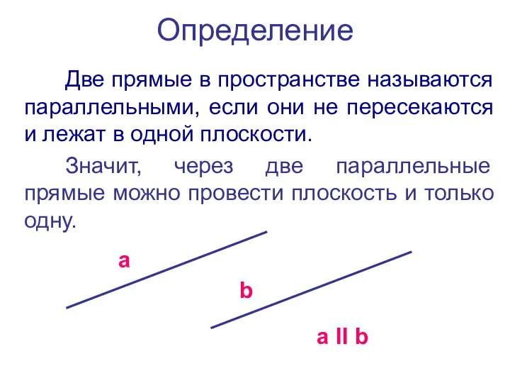Определение Две прямые в пространстве называются параллельными, если они не пересекаются