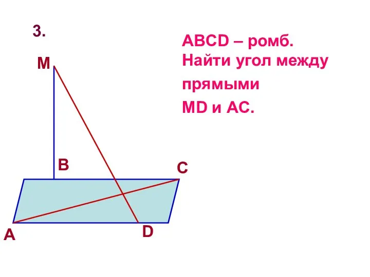 3. M ABCD – ромб. Найти угол между прямыми MD и AC.