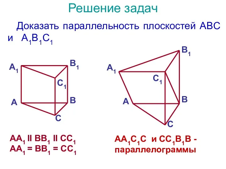 Решение задач Доказать параллельность плоскостей ABC и A1B1C1 AA1 II BB1