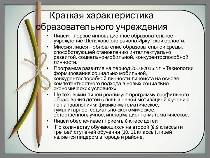 Краткая характеристика образовательного учреждения Лицей – первое инновационное образовательное учреждение Шелеховского