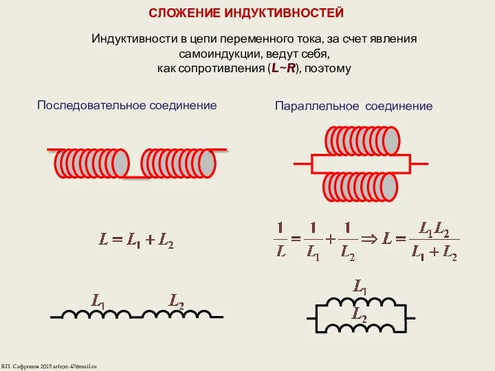 СЛОЖЕНИЕ ИНДУКТИВНОСТЕЙ Индуктивности в цепи переменного тока, за счет явления самоиндукции,