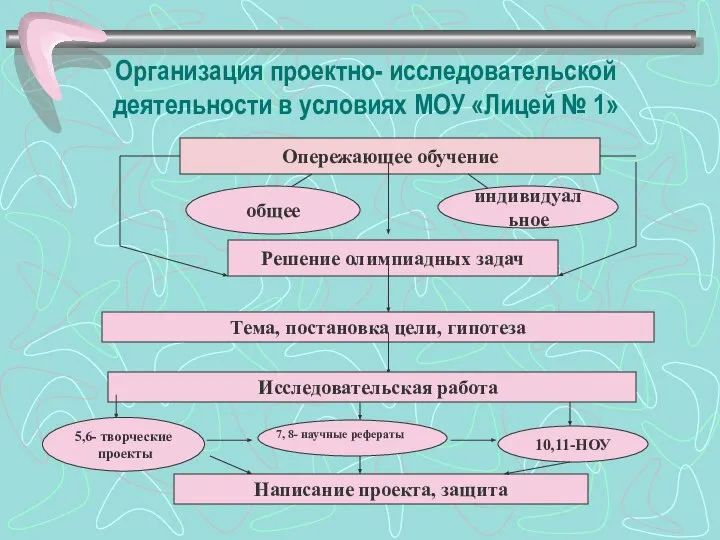 Организация проектно- исследовательской деятельности в условиях МОУ «Лицей № 1» Опережающее