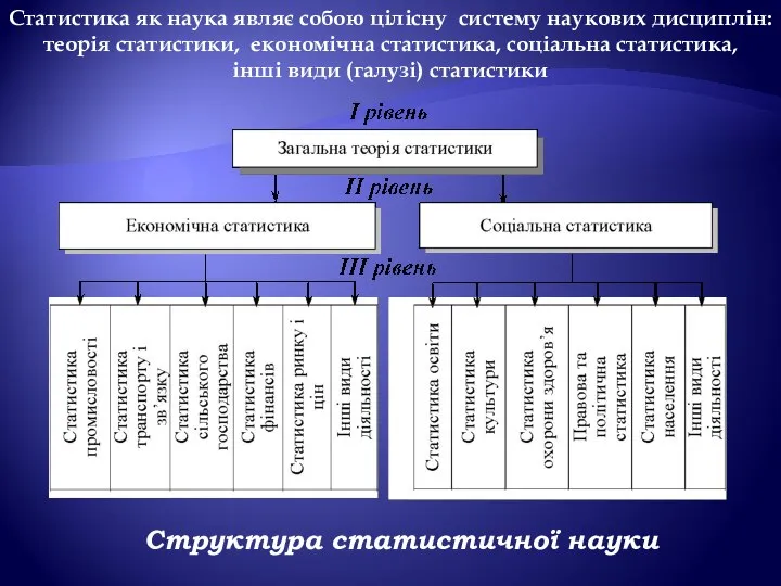 Статистика як наука являє собою цілісну систему наукових дисциплін: теорія статистики,