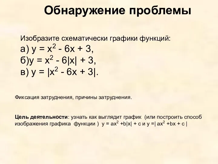 Обнаружение проблемы Изобразите схематически графики функций: а) у = х2 -